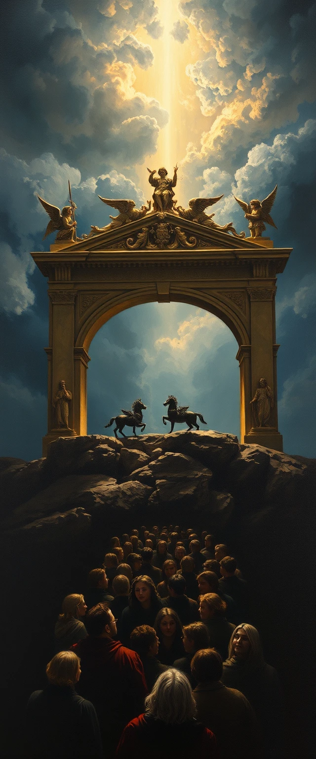Golden ark of the covenant on a rocky promontory