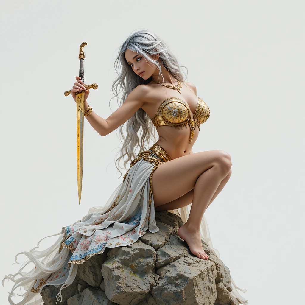 Mujer guerrera amazona posando con daga dorada sobre una roca