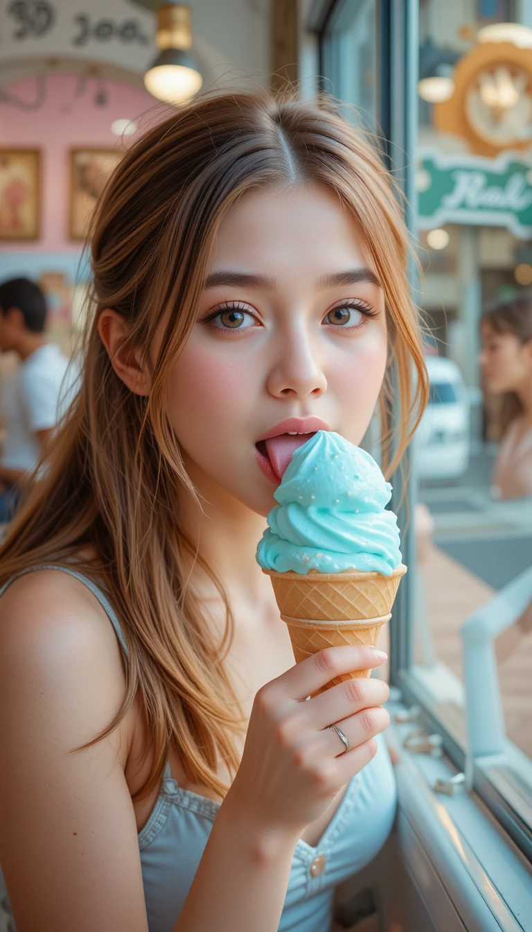 Linda adolescente comiendo helado en una cafetería