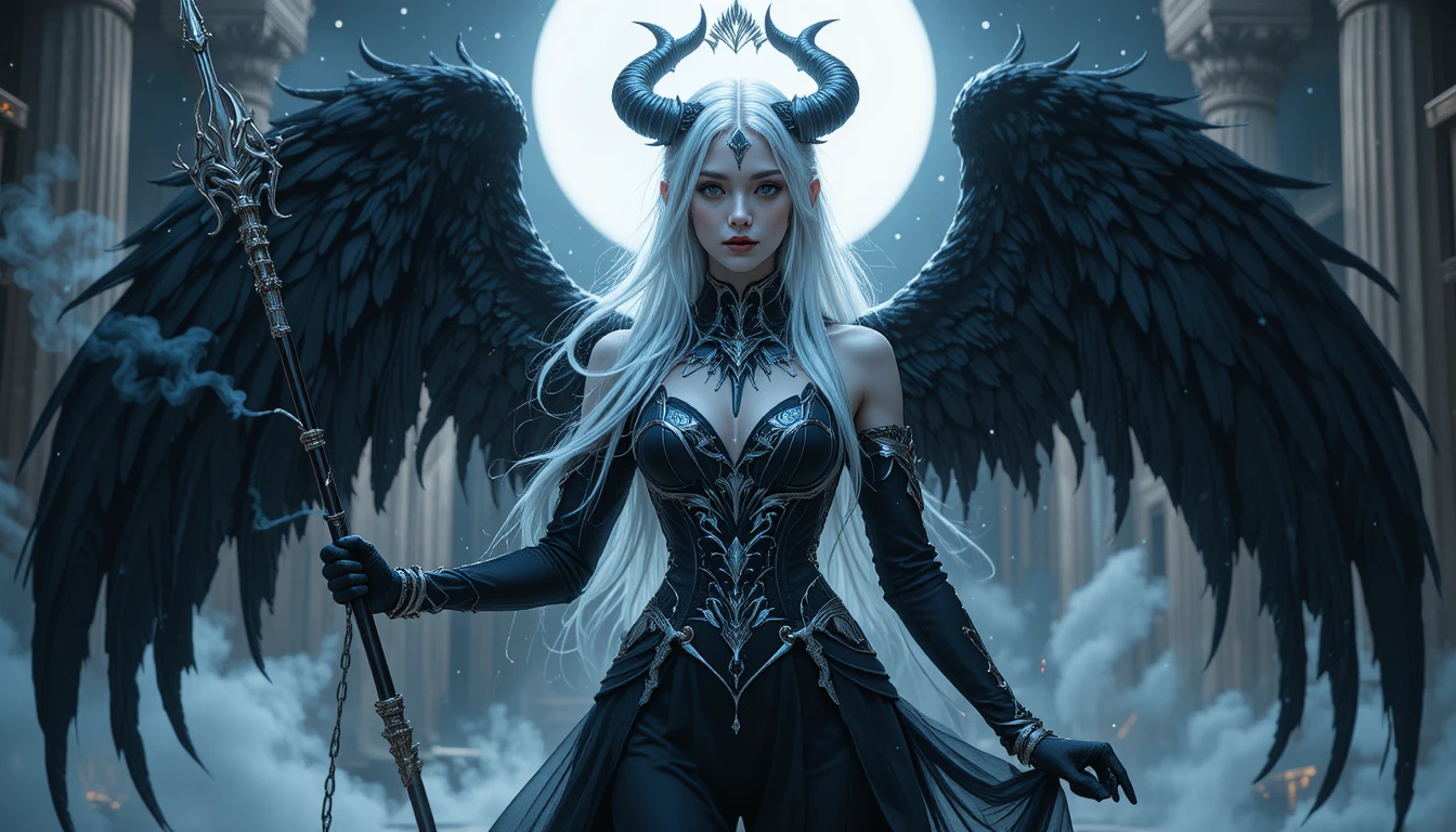 Chica etérea de fantasía oscura con alas y vestido fluido