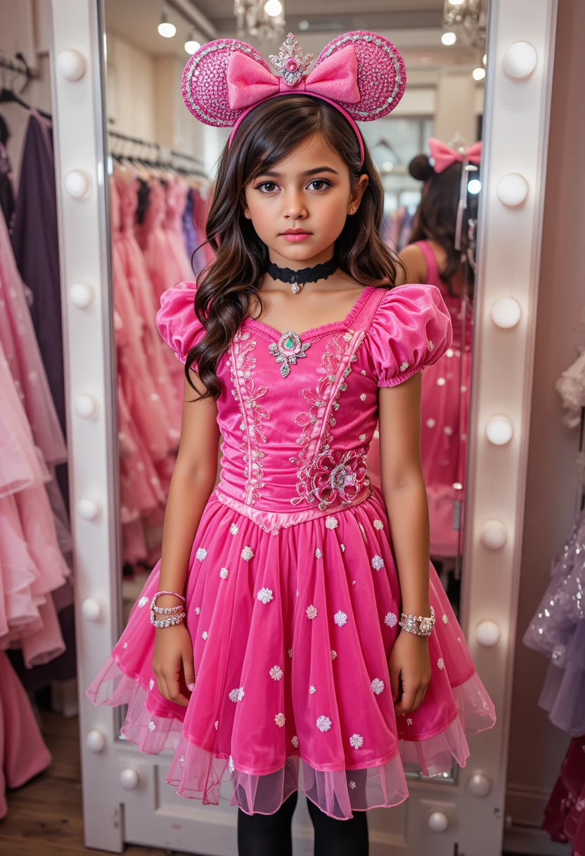 Niño nervioso con vestido rosa de Minnie en tienda de vestidos