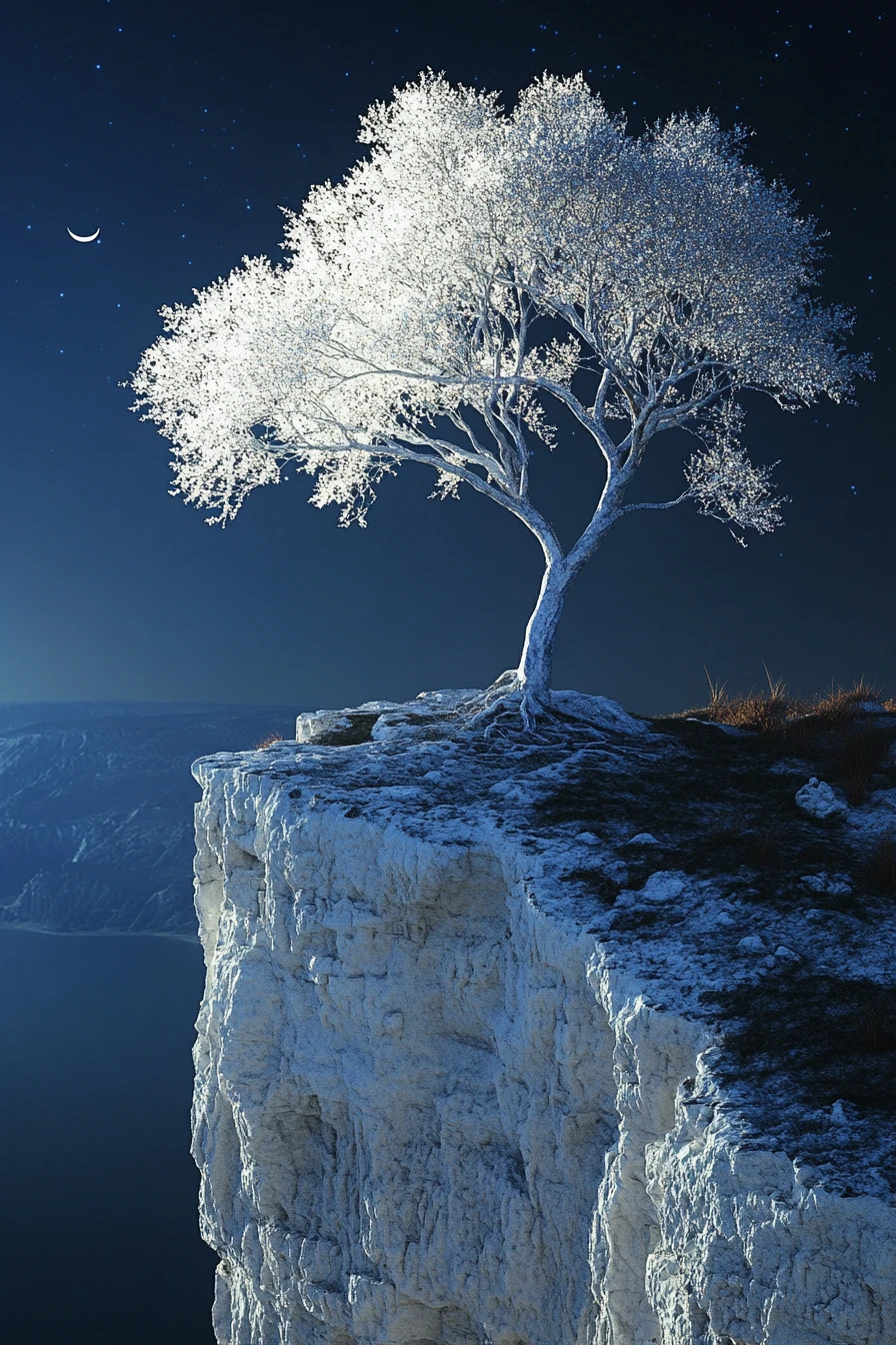 Árbol blanco solitario en un acantilado a medianoche