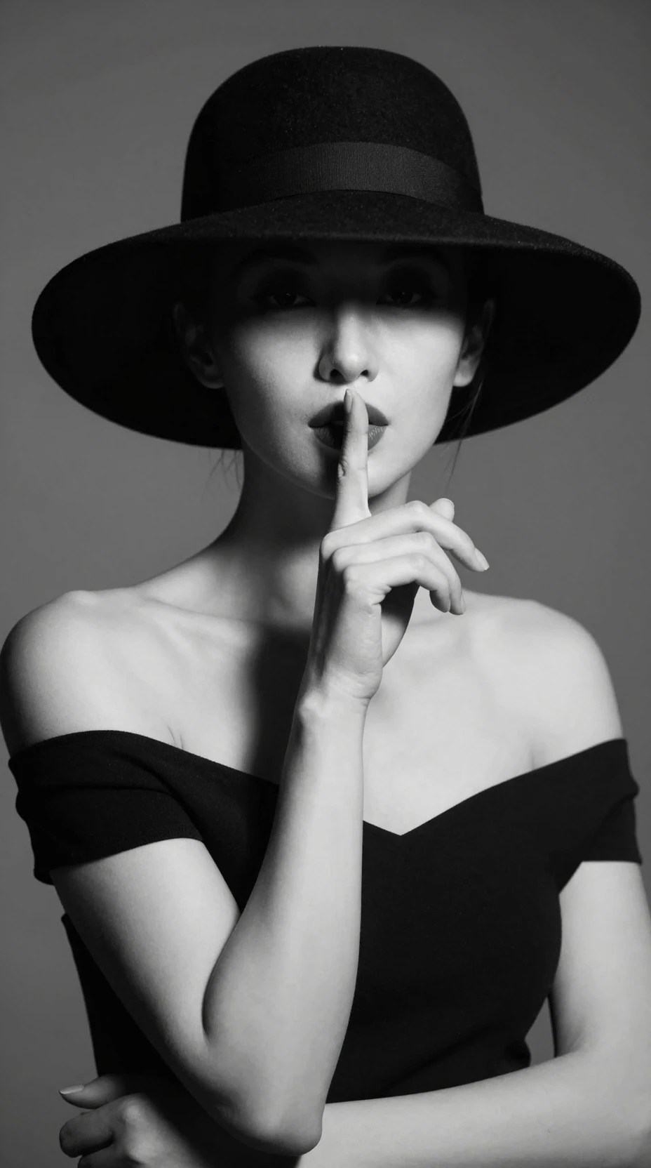 Misterioso retrato en blanco y negro de una mujer con sombrero