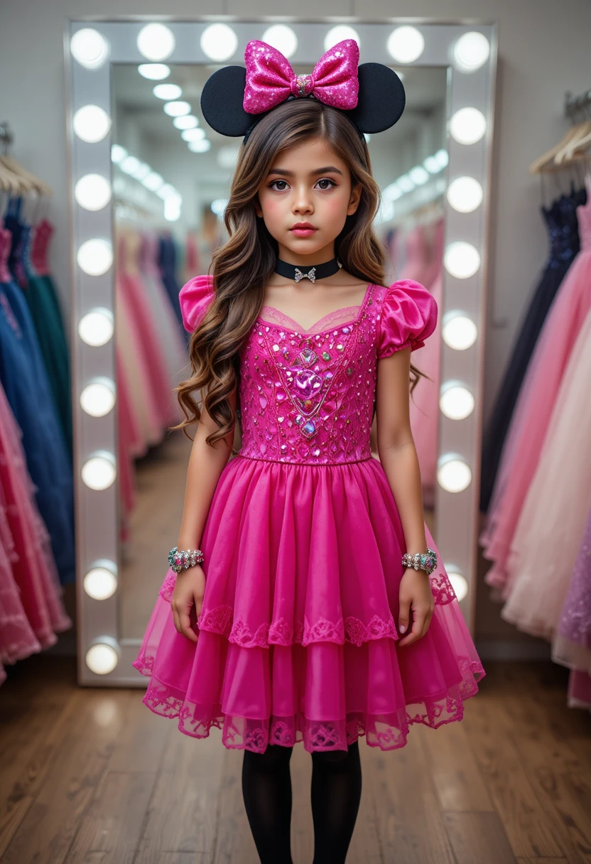Chico nervioso con vestido rosa de Minnie en el almacén de una tienda de vestidos
