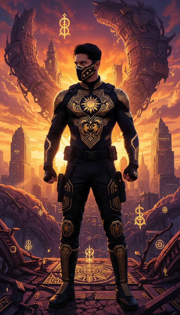 Héroe táctico enmascarado con emblema filipino dorado al atardecer