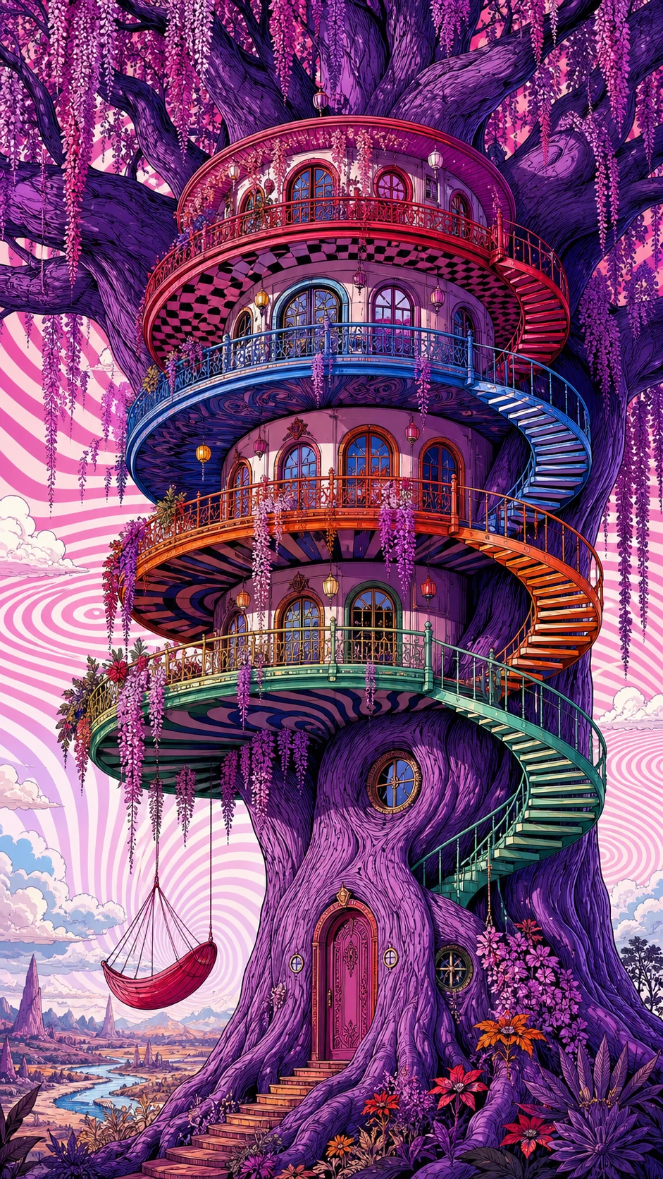 Casa en el árbol surreal de baobab violeta con terrazas coloridas
