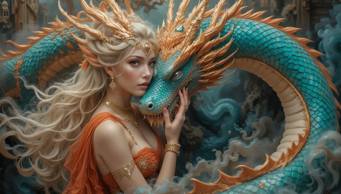 Incantatrice con drago orientale in un dipinto a olio fantasy