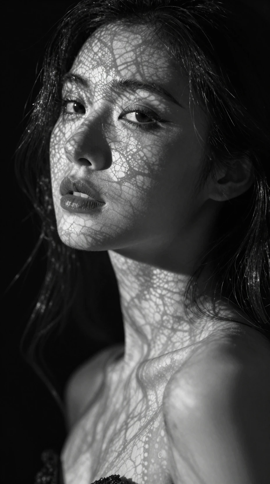 Retrato en primer plano en blanco y negro de una mujer misteriosa