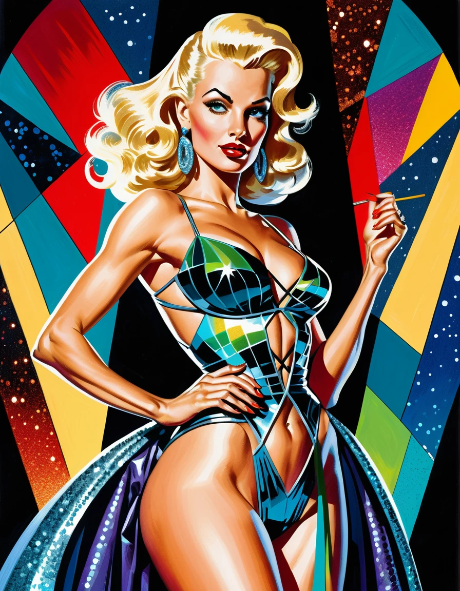 Mujer rubia platino glamurosa con llamativo traje pin-up brillante