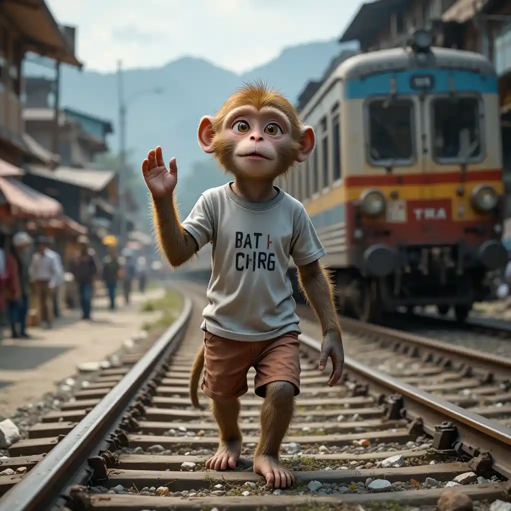 Neugieriger Affe geht durch einen belebten Straßenmarkt in Kaschmir