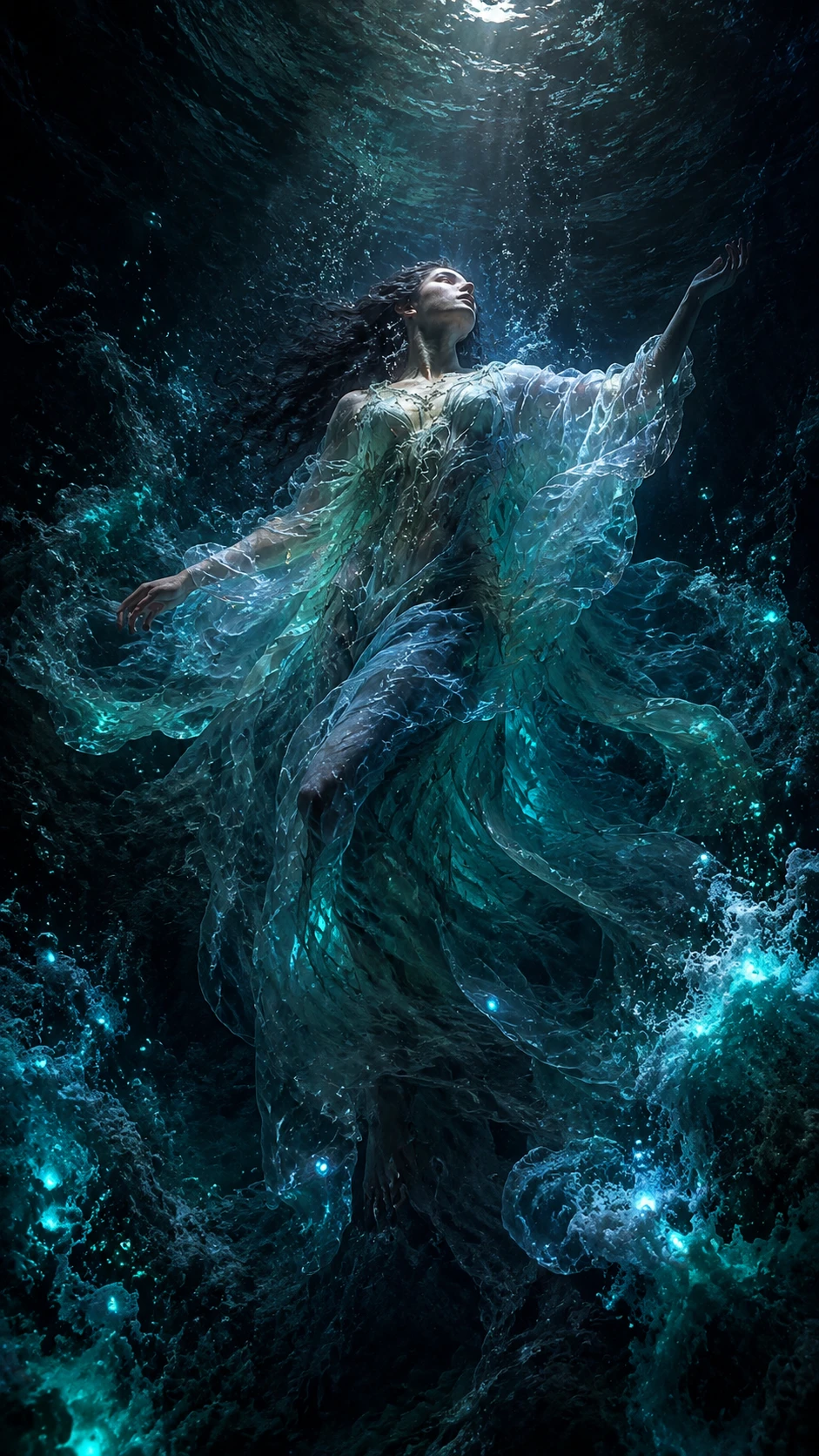 Mysterious Figure Floating In Dark Bioluminescent Ocean