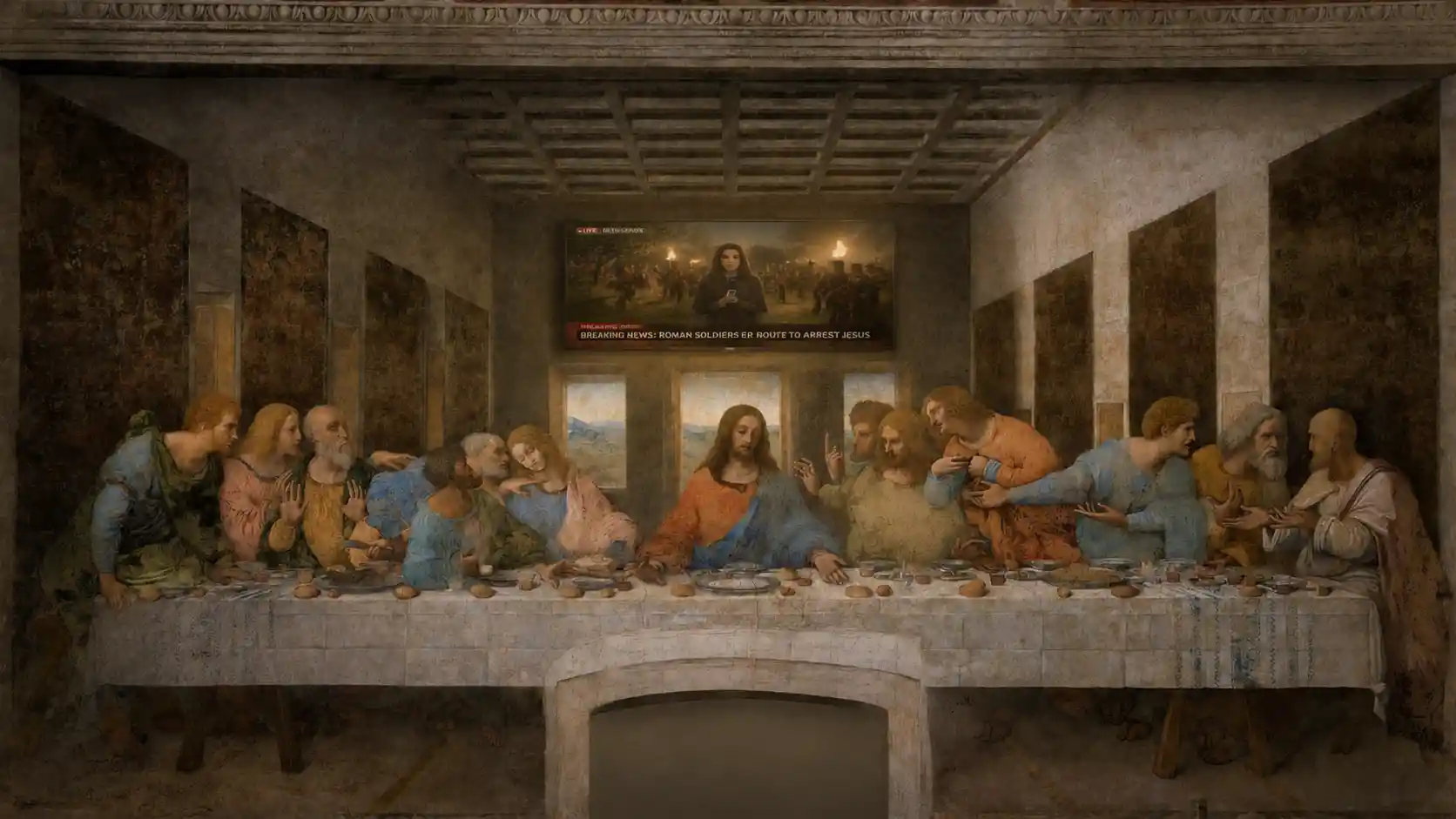 Escena cinematográfica de la última cena con noticiero de televisión moderno