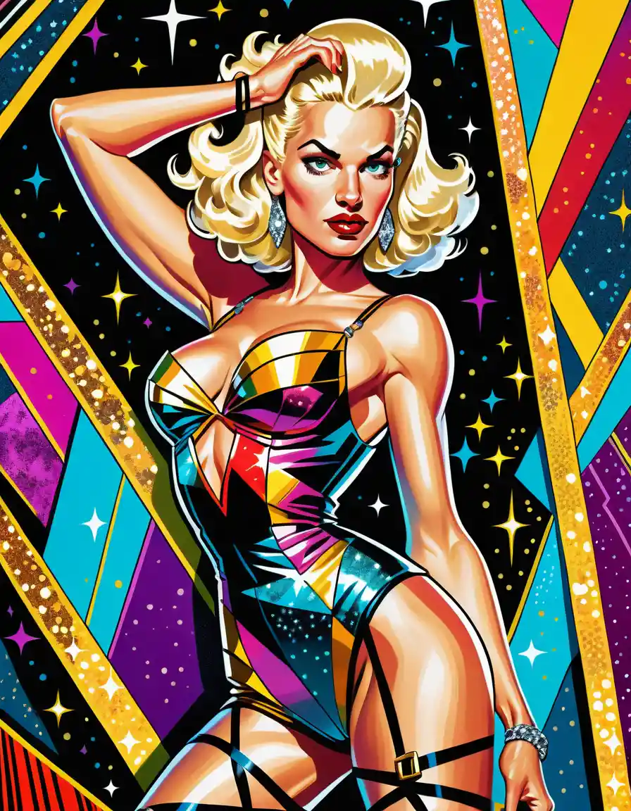 Donna biondo platino in costume pin up scintillante con spalline
