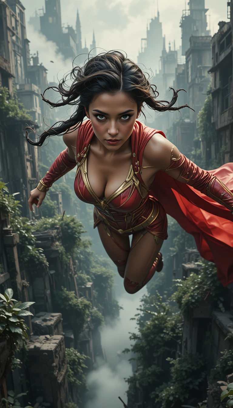Superheroína sobrevolando una ciudad futurista en ruinas