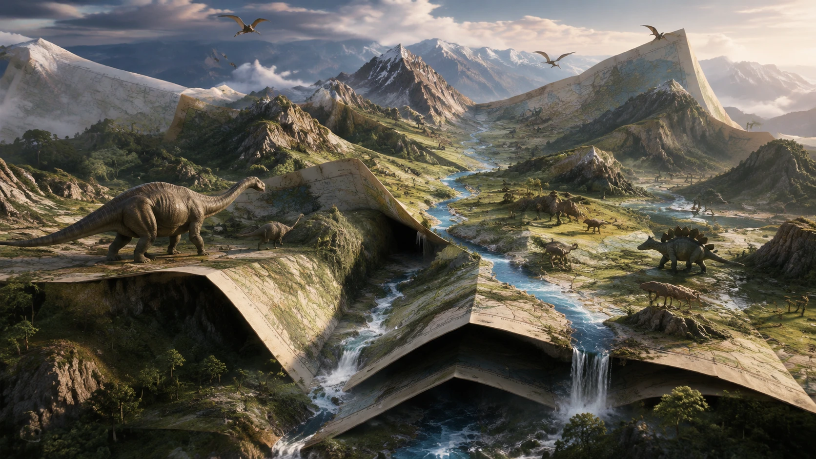 Dinosaurios vagando por un valle como un mapa prehistórico plegado