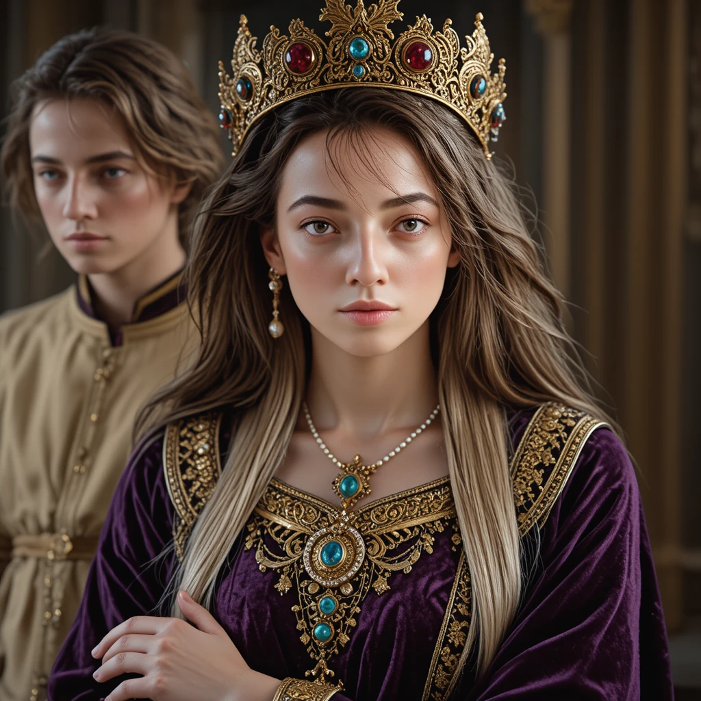 Retrato de mujer rubia regia con corona medieval enjoyada