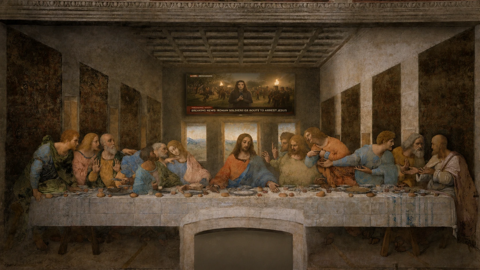 Escena cinematográfica de la última cena con noticiero de televisión moderno