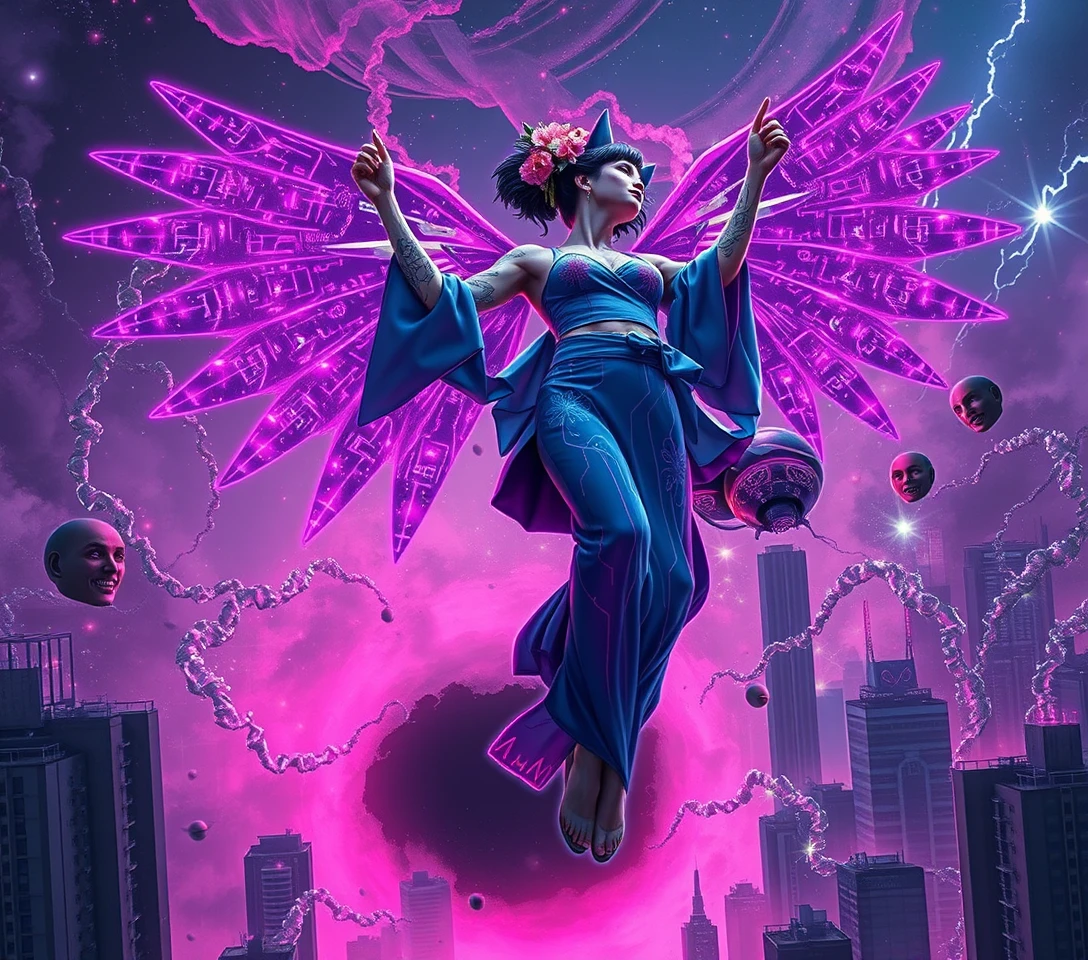 Kybernetische Geisha über dem neonbeleuchteten futuristischen Tokio