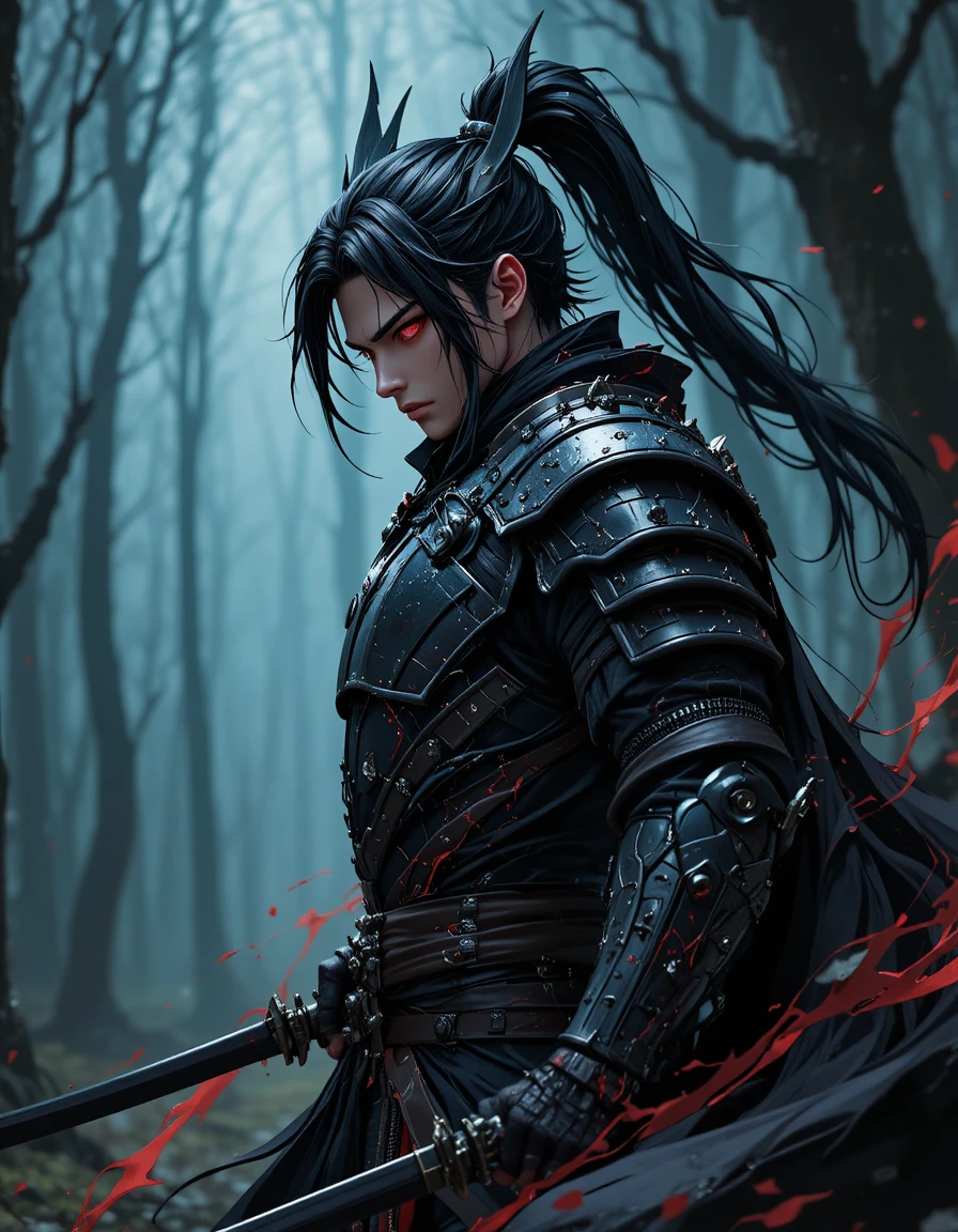 Guerrero demonio de anime con armadura negra en un bosque oscuro