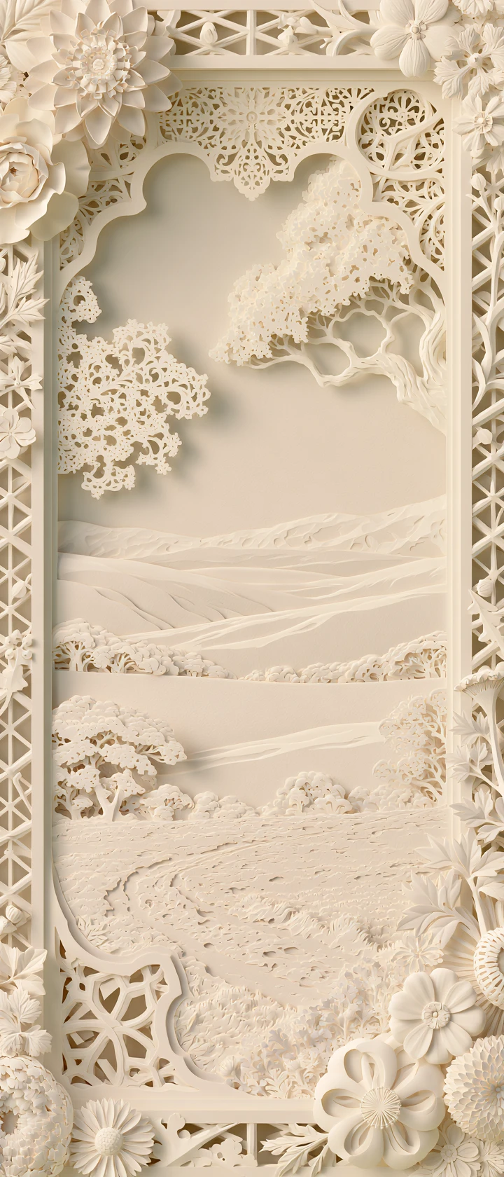 Serene papercut farm landscape with distant rolling hills