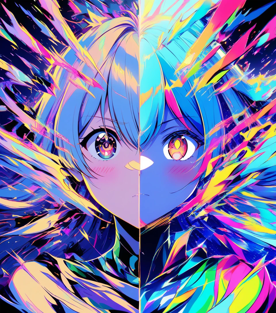 Retrato de chica anime de medio cuerpo en estilo visual dividido