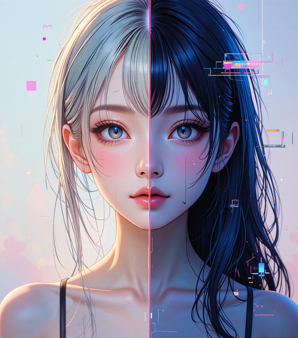 Retrato de chica anime de medio cuerpo en estilos visuales divididos
