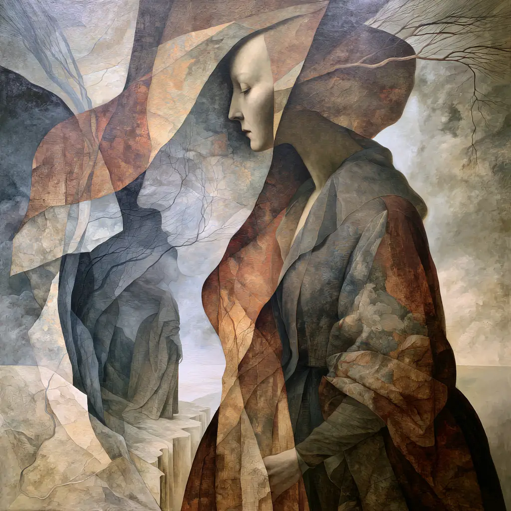 Femme surréaliste fusionnant avec un paysage onirique du subconscient
