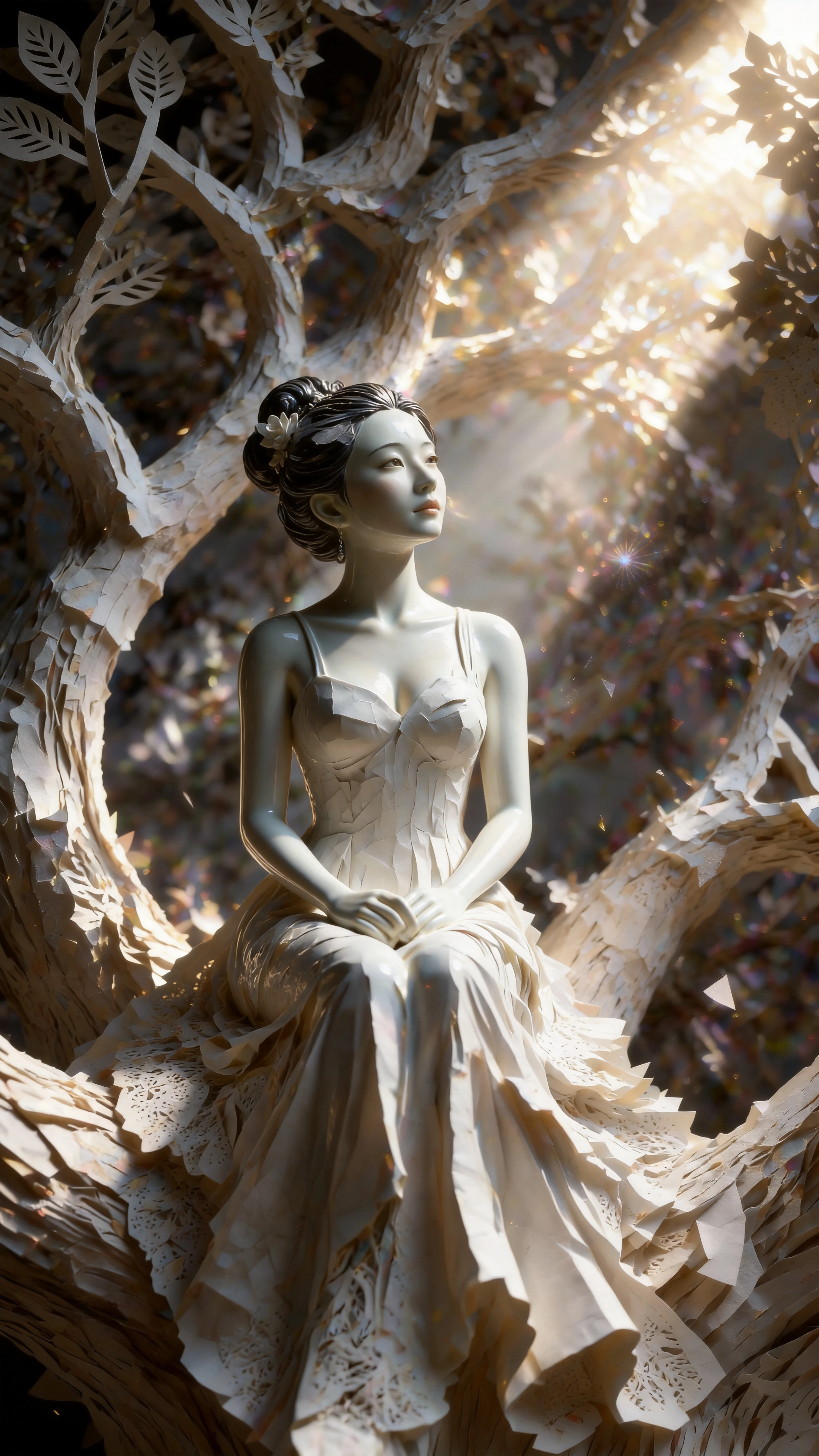 Mujer de papel de porcelana sobre una rama de árbol esculpida