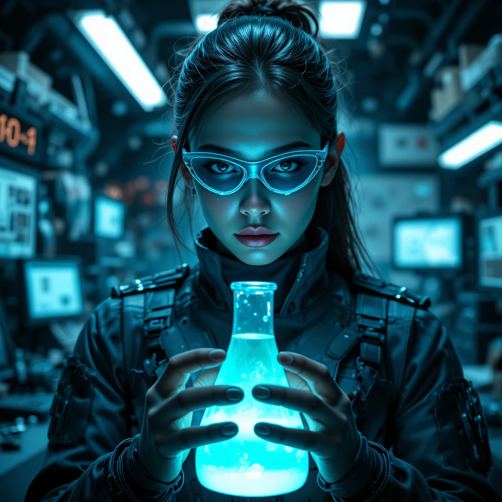 Científica militar femenina en laboratorio táctico futurista
