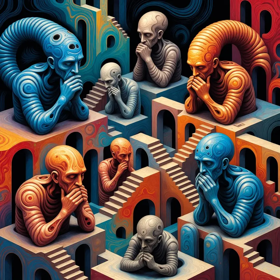 Surreal 3d creatures in a bizarre philosophical landscape