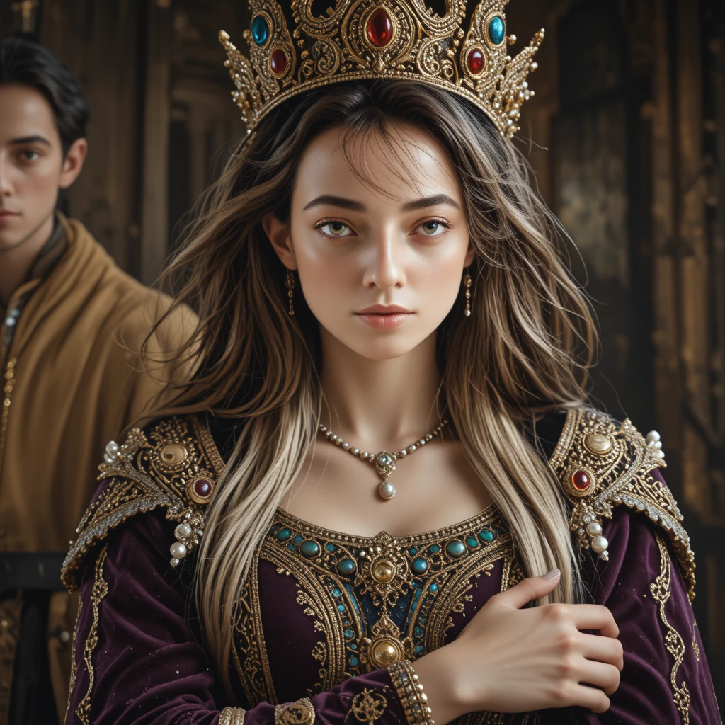 Retrato regio de una mujer coronada con terciopelo púrpura