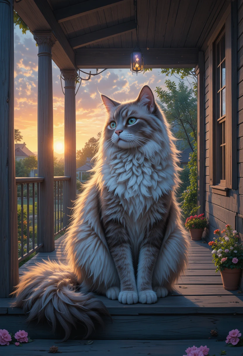 Gato Ragdoll en porche rústico al cálido atardecer