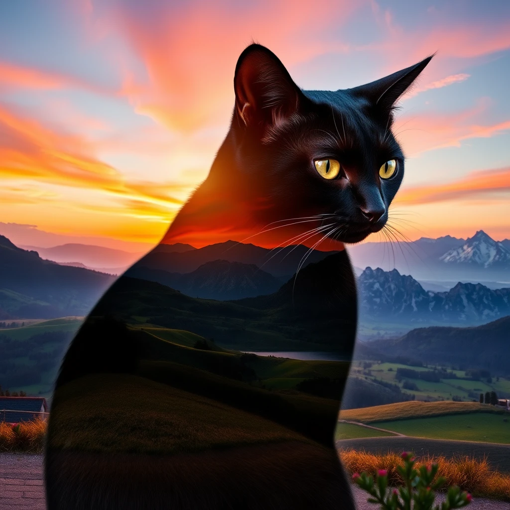Silueta de gato negro con paisaje de atardecer en su interior