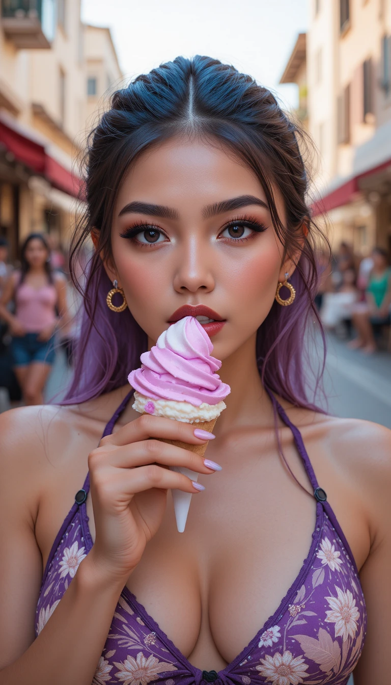 Joven segura de sí misma lamiendo un helado en una calle de la ciudad