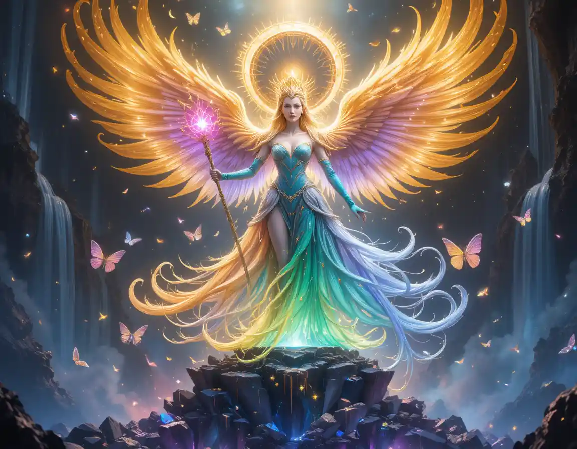 Celestial phoenix monarch on obsidian throne above cosmic falls