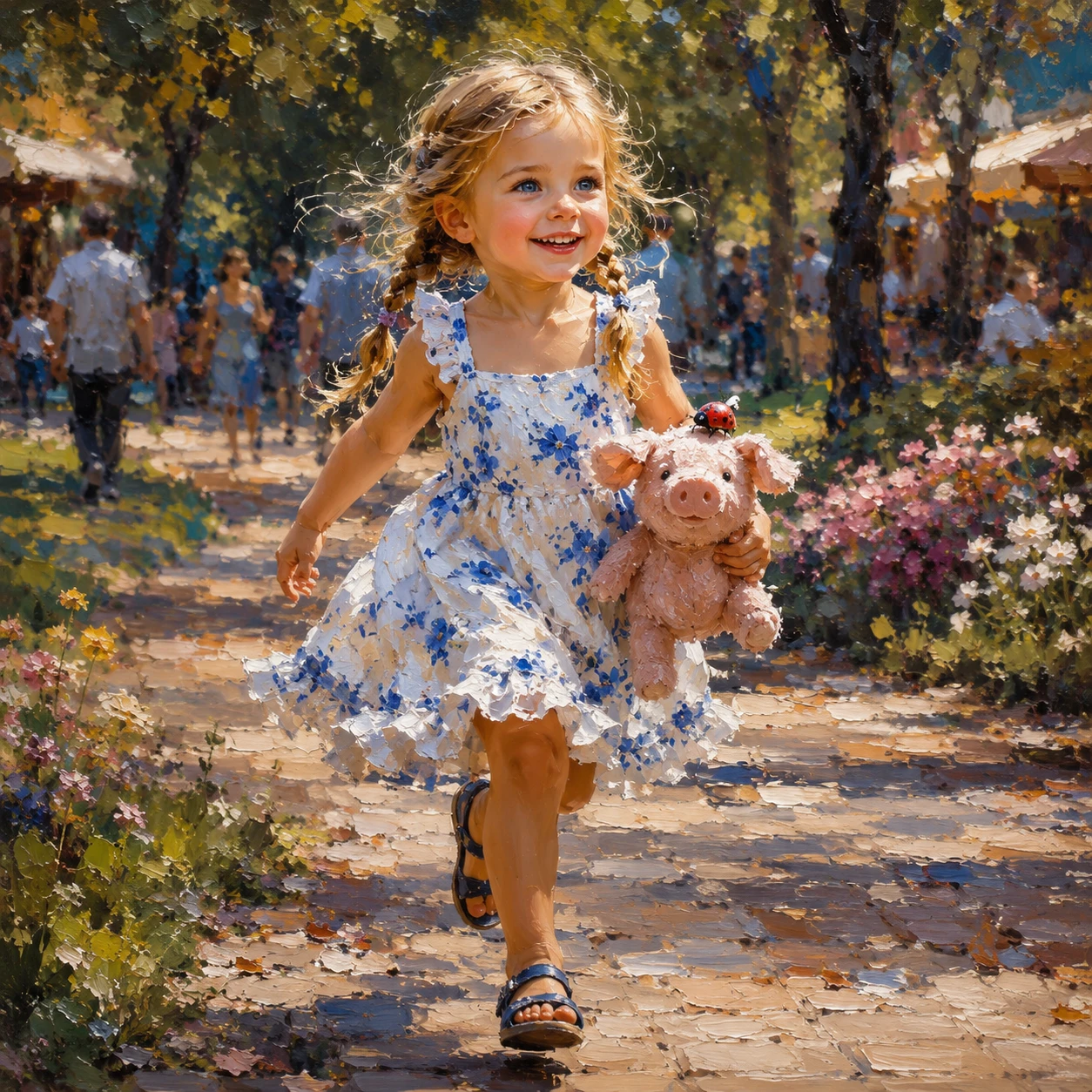 Niña saltando por un parque soleado con un cerdito de juguete