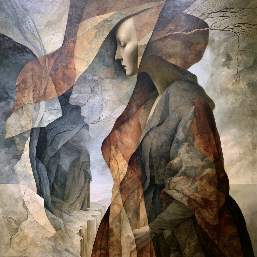 Mujer surrealista fusionándose con un paisaje onírico del subconsciente