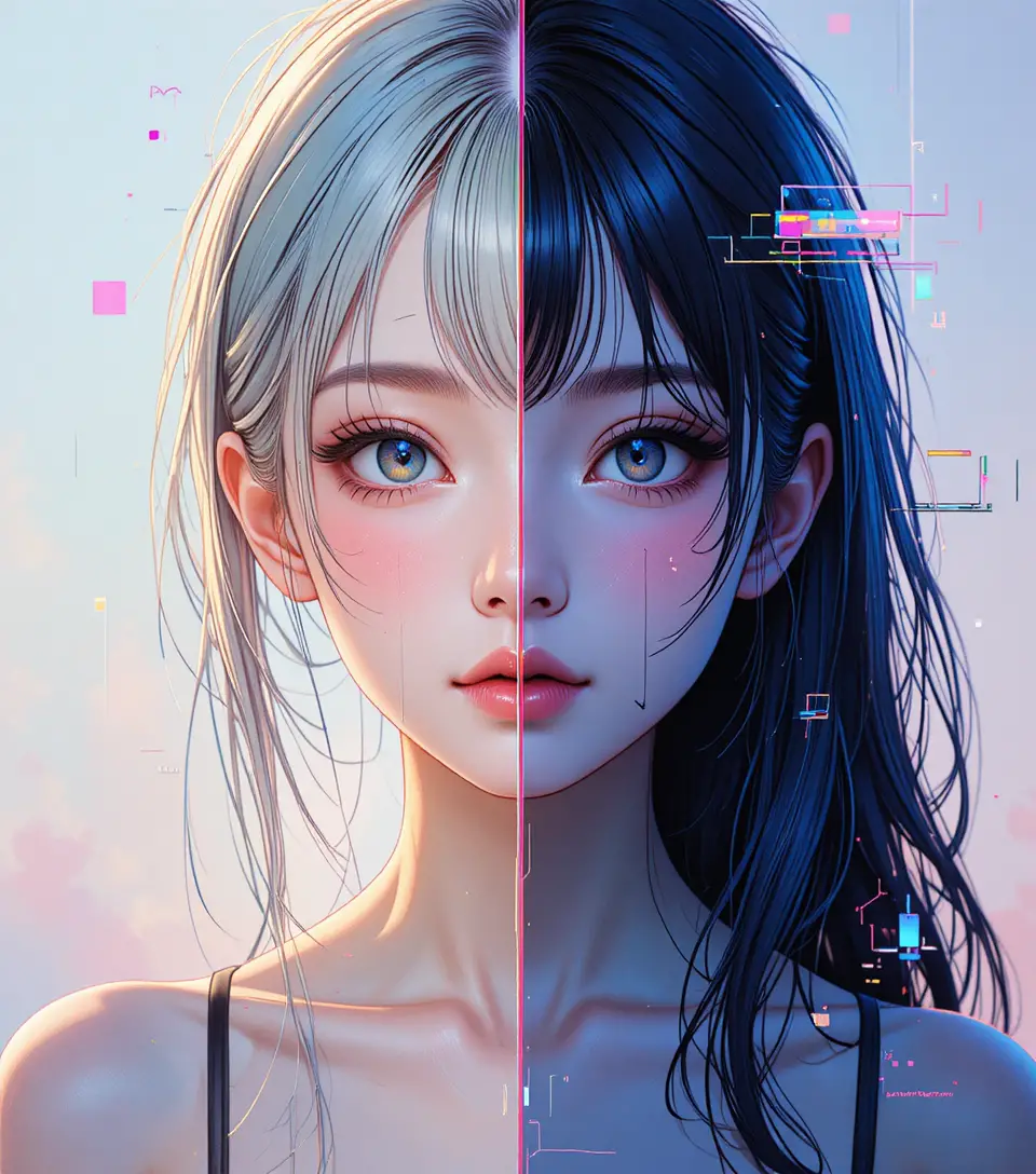 Portrait mi-corps de fille anime en styles visuels divisés