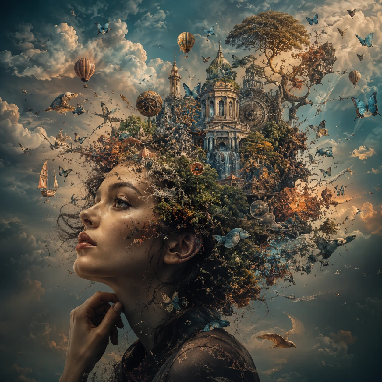 Retrato surrealista de una mujer con un mundo que emerge