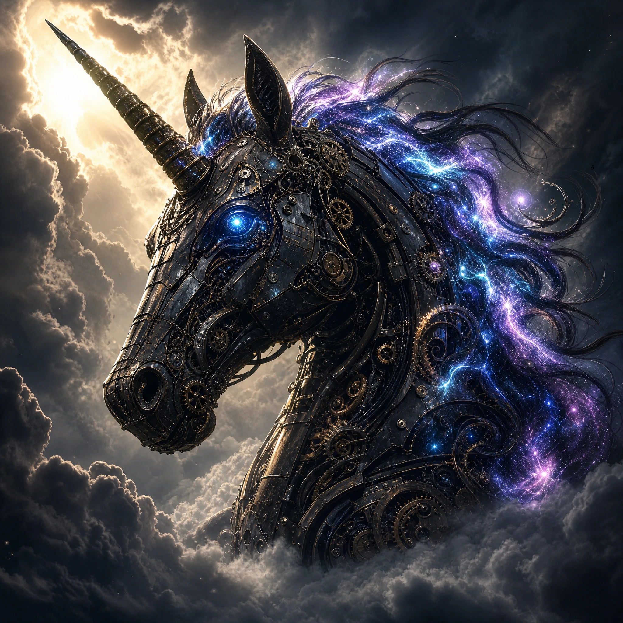Mechanical unicorn emerging from storm clouds in dramatic light
