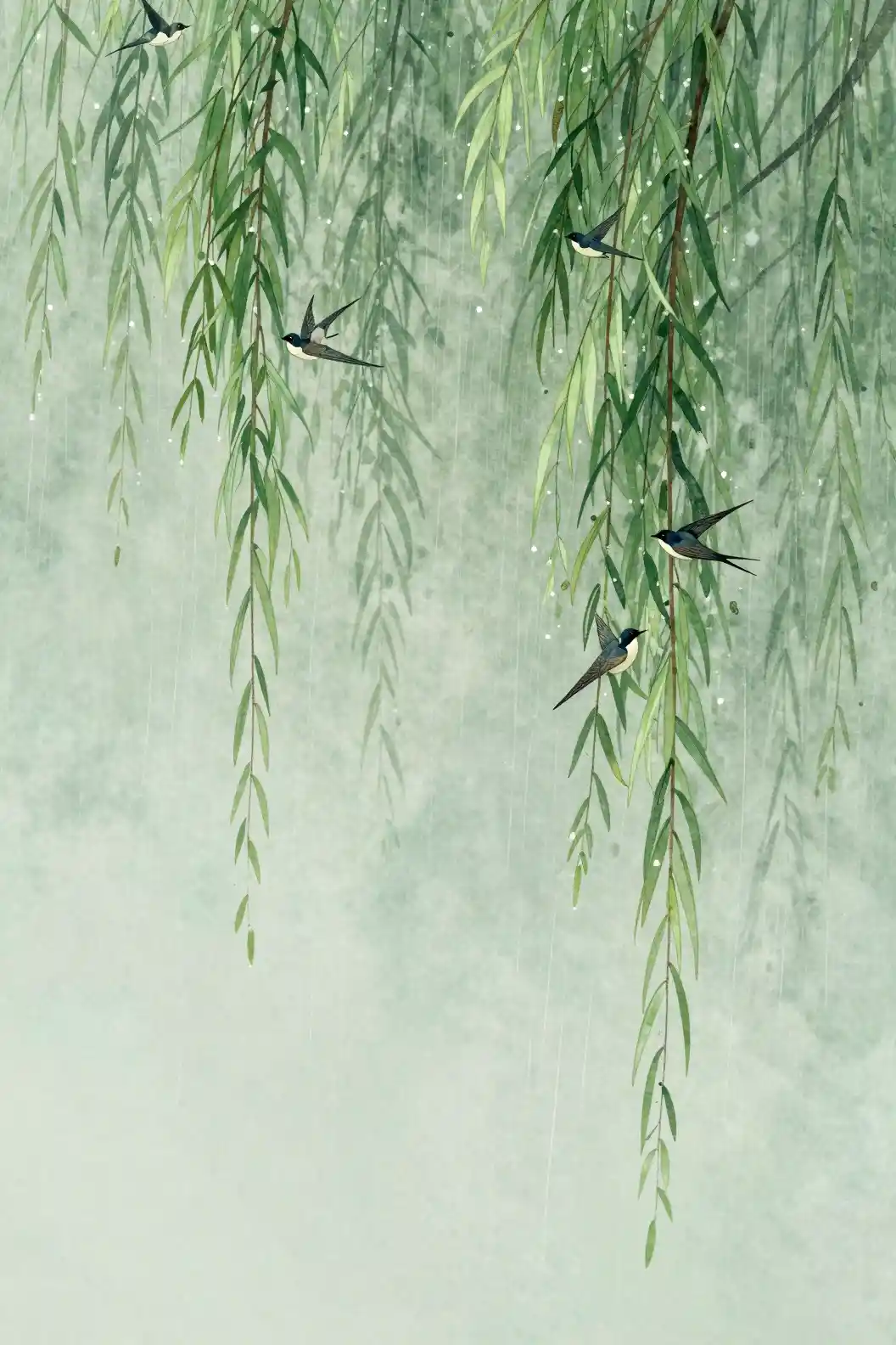 Delicate swallows on willow branches in gentle watercolor rain