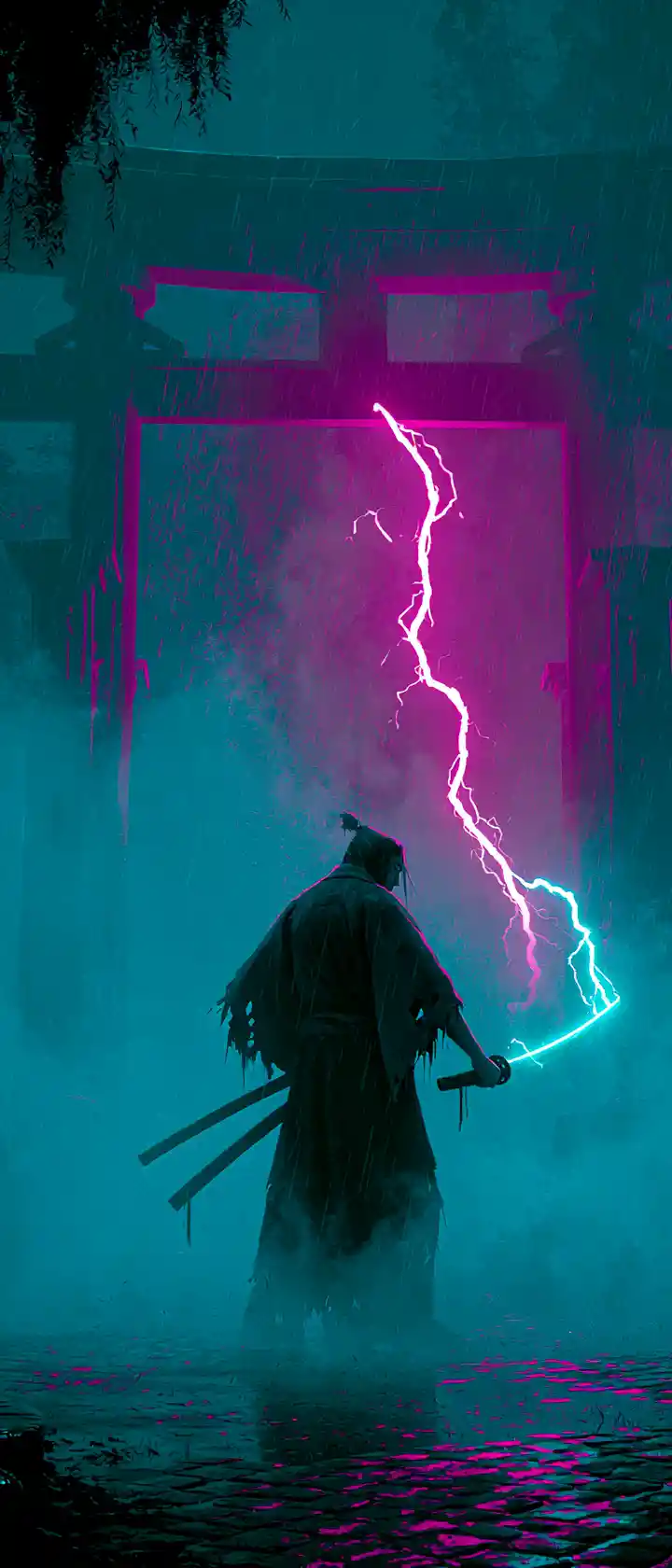 Ronin de anime solitário sob um torii de néon na chuva