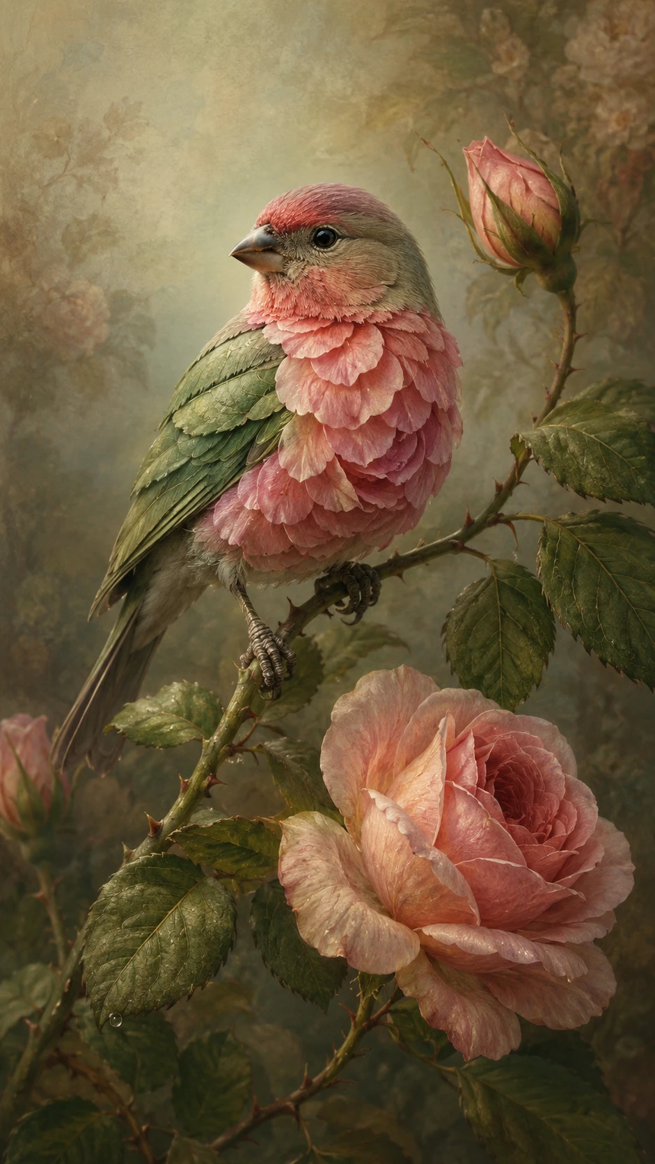 Pinzón surrealista con pecho de pétalos de rosa sobre tallo de jardín
