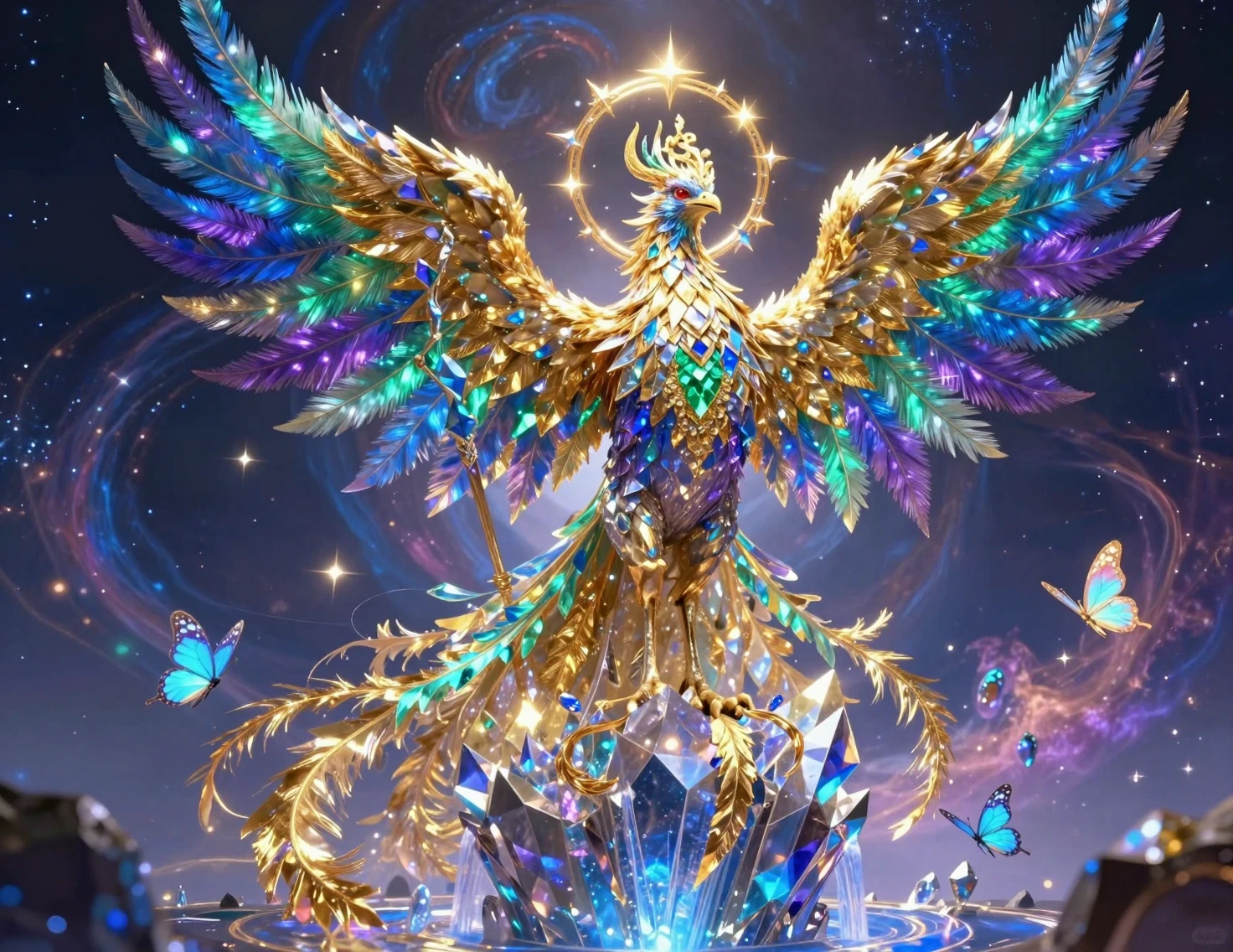 Celestial Phoenix Monarch Above Cosmic Waterfalls