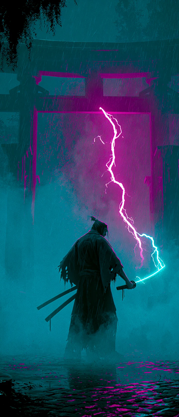 Ronin anime solitario sotto un torii al neon sotto la pioggia
