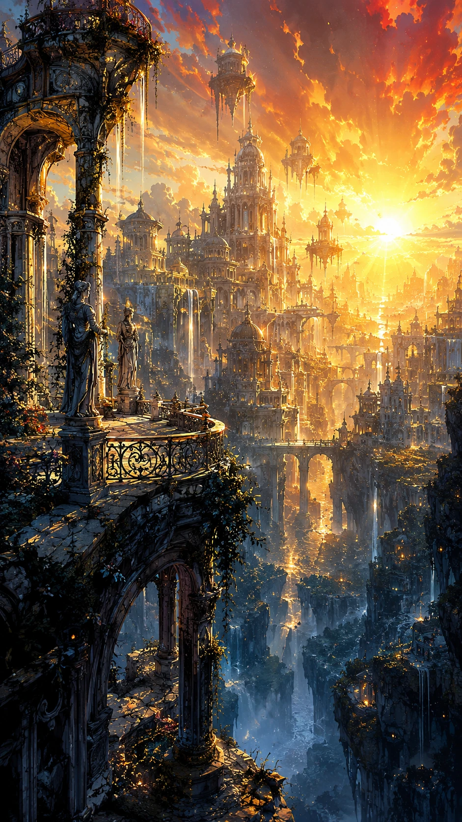 Vasta metrópolis de fantasía en el resplandeciente horizonte celestial