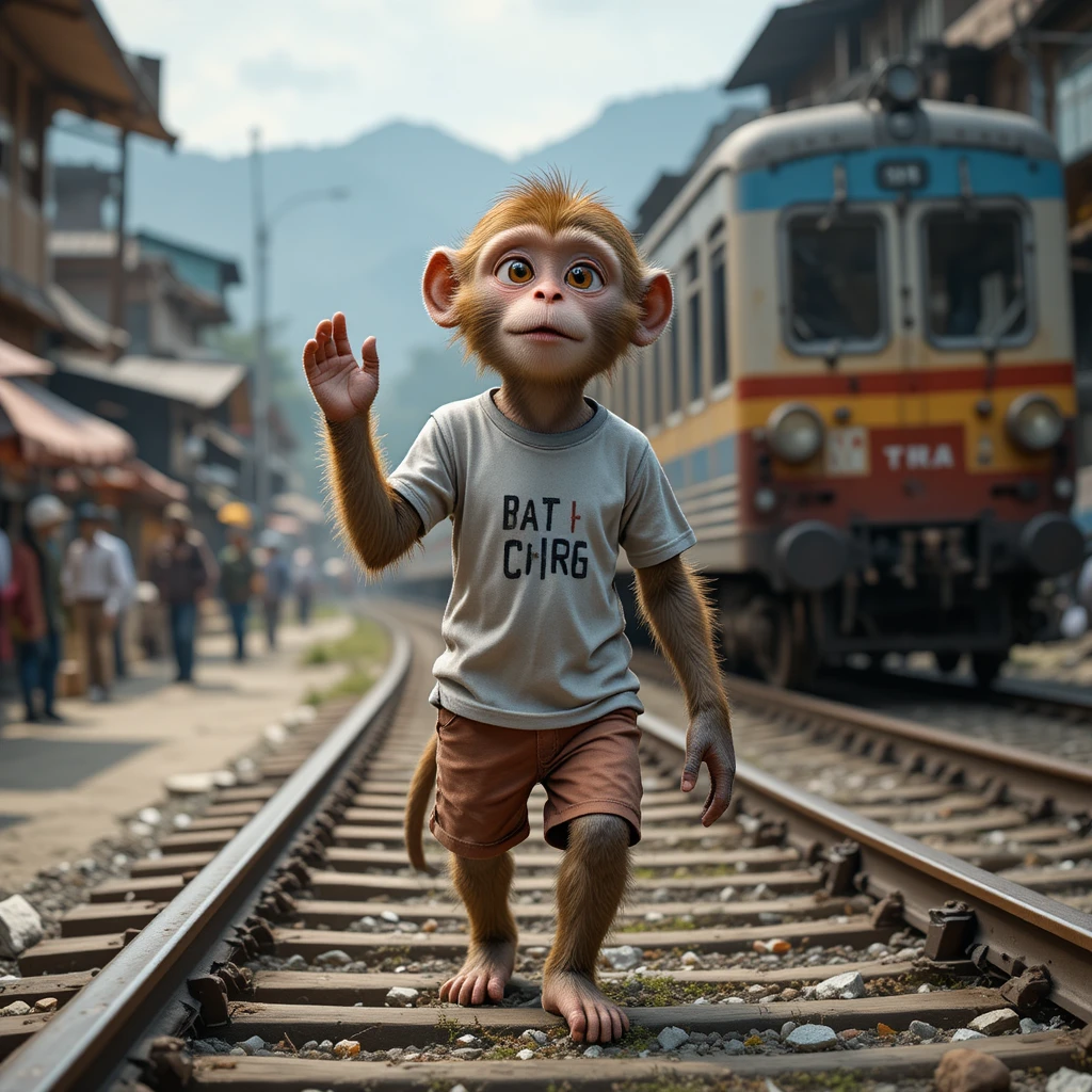 Curious monkey walking through a busy Kashmir street market