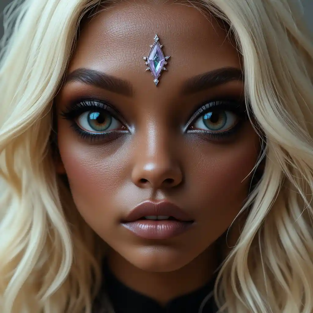 Friendly female alien hybrid with large black eyes
