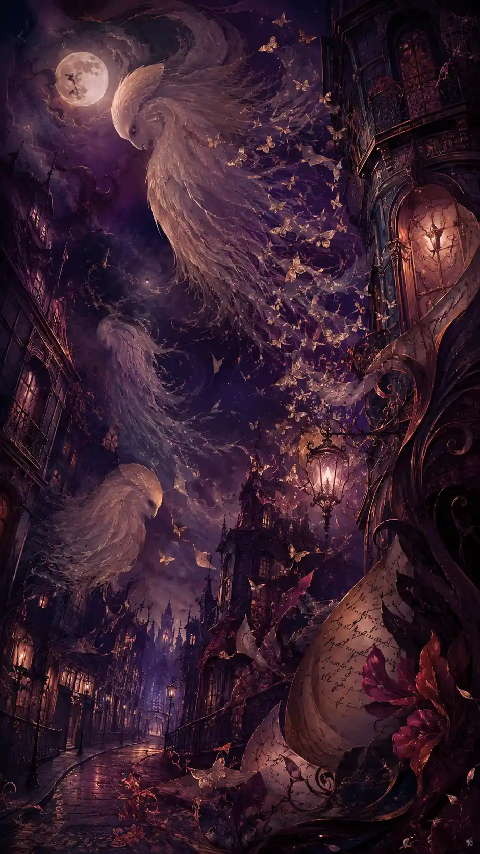 Enormous Feathered Spirits Drift Through Moonlit City Streets