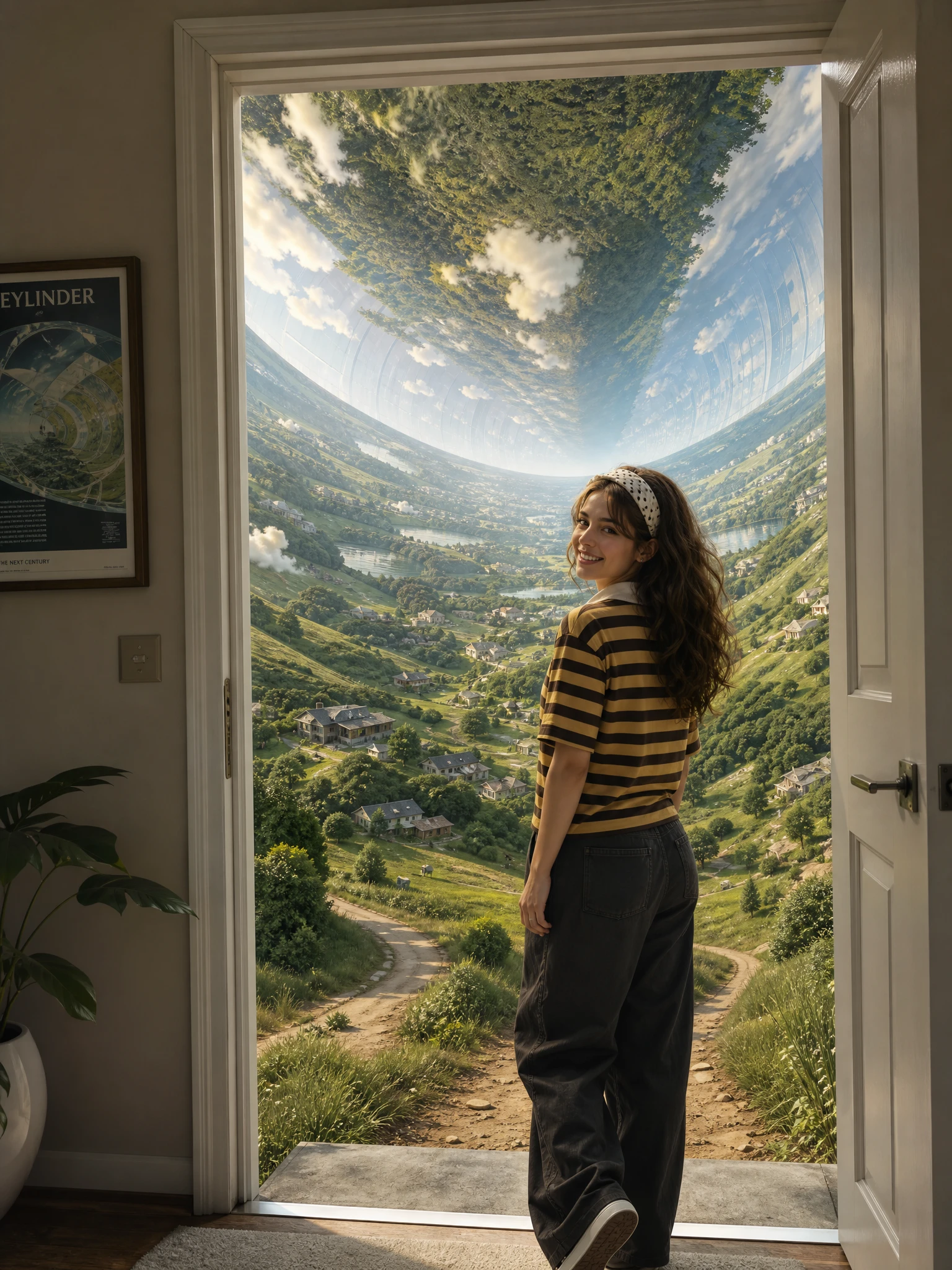 Mujer en la entrada de un mundo de fantasía cilíndrico y curvo
